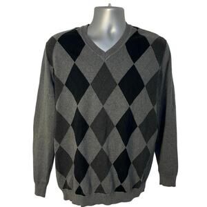 Claiborne Men’s Argyle V-Neck Sweater Gray Black Diamond Knit Size M